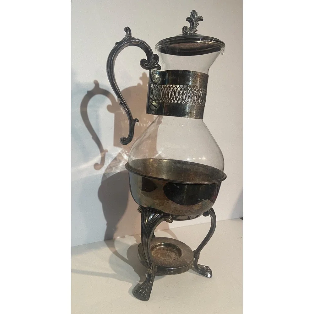 Vintage Silver Plate and Glass Coffee Tea Carafe Warming Stand